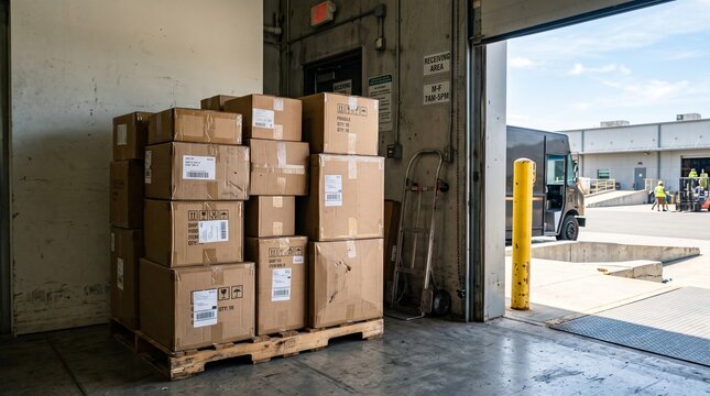 Cardboard boxes stacked on a wooden pallet inside a warehouse receiving dock with a delivery truck outside