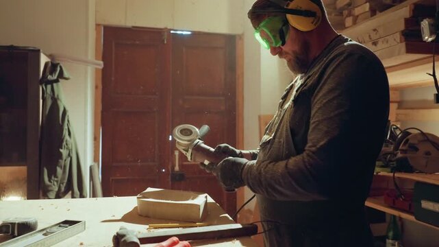 Craftsman uses safety equipment to operate angle grinder on wood within well equipped workshop surrounded by tools and materials woodworking power tool