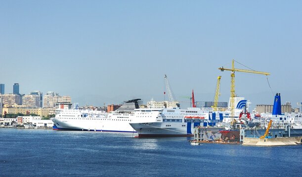 Passenger ships and a floating dry dock in Port of Naples