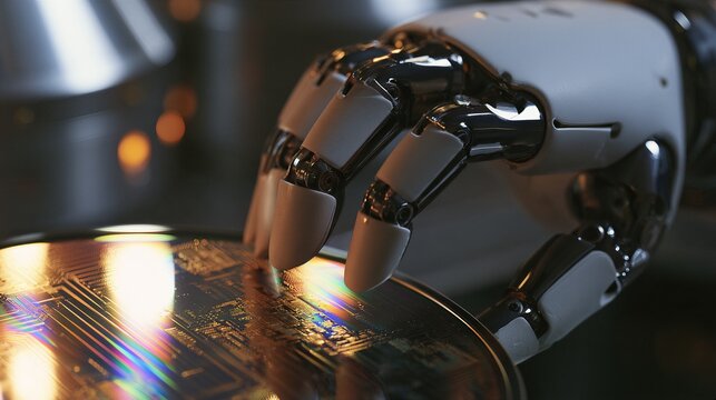 Macro Photo of Articulated Humanoid Robotic Hand Handling Silicon Wafer in Cleanroom for Semiconductor Automation Concept
