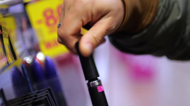 Hand tests black mascara wand at beauty counter, lifting applicator from tube and returning it after inspection. Shopper examines cosmetic product among makeup displays, focused on choosing item.