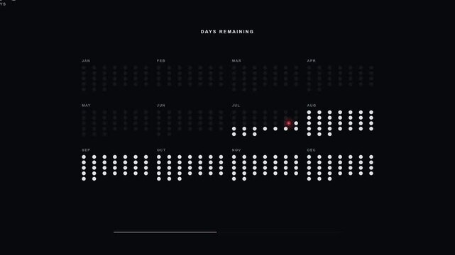 Premium futuristic visualization of remaining time using a 365-day digital calendar grid. Individual day indicators transition from active future days into subdued elapsed states while a moving curren