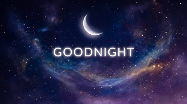 Goodnight text with glowing crescent moon in a starry night sky