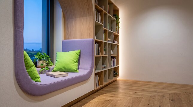 Quiet reading alcove in a colorful public library