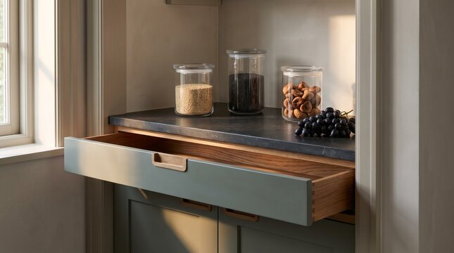 Stone pull-out shelf in a smoky jade pantry