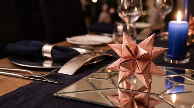 Rose-gold paper star at a New Year table