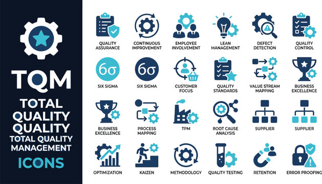 TQM icons set with quality assurance, continuous improvement, lean, six sigma, kaizen, customer focus, root cause analysis, supplier and error proofing, blue vector symbols