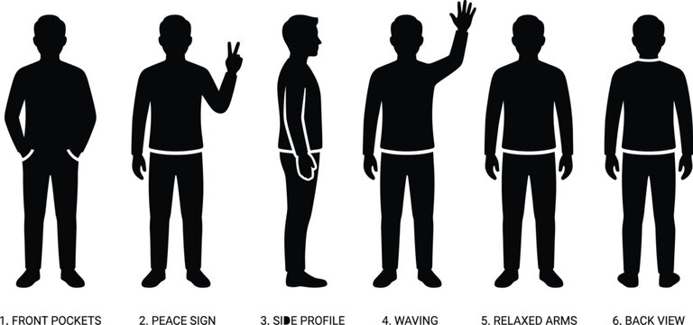silhouette pose reference chart with text labels, black man standing with front pockets, peace sign, side profile, waving, relaxed arms and back view, vector pose guide for drawing and design