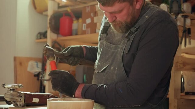 Man wearing overalls and gloves works with hammer chisel at wooden object. Workshop shelves hold various items including red container. of hands and tools