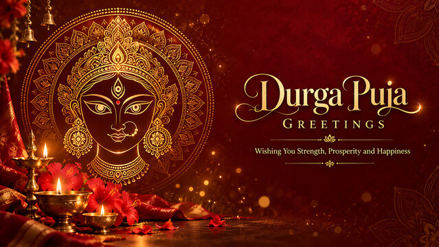 Durga puja greetings card featuring golden goddess durga face and illuminated diyas with flowers for festive wishes.