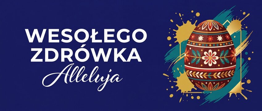 Polish Easter greeting banner pisanka egg with floral ornament for holiday wishes on dark blue background, Polish text Wesolego Zdrowka Alleluja vector graphic template for celebration card design
