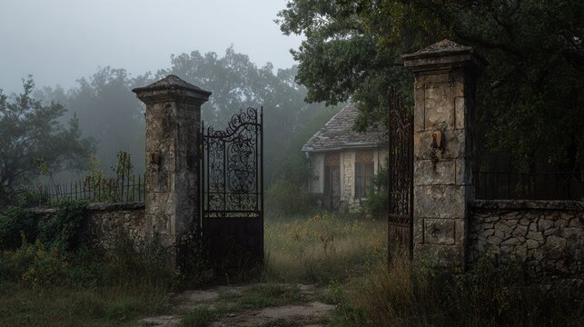 Abandoned stone gate in misty forest with old house
