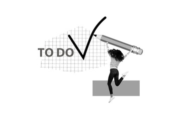 Creative 3D photo collage trend artwork template of entrepreneur human resources manager young lady hold pen check to do done task list © deagreez