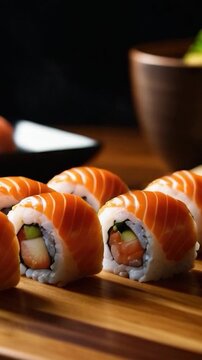 A wooden cutting board topped with sushi rolls, ideal for food and lifestyle hoots