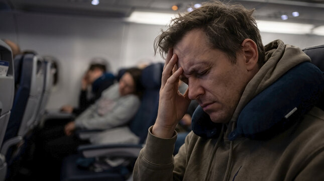 Man feeling subtle tension on airplane, holding head during flight. Passenger appears unwell with neck pillow, experiencing subtle tension during long journey. Concept travel stress, anxiety