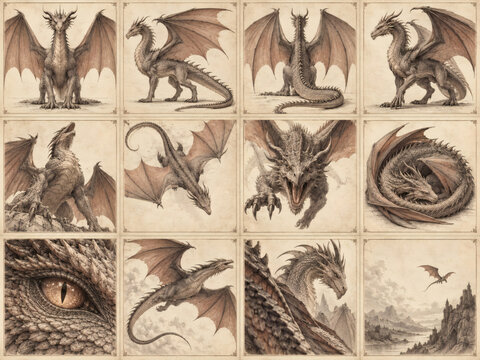 Vintage dragon specimen collection in 12 archival panels, antique natural history engraving with detailed anatomy, fantasy creature studies, museum illustration and luxury editorial design