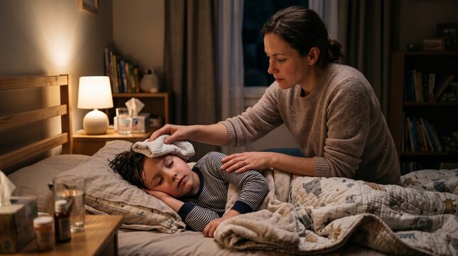 Caring mother places cool compress on forehead of sick child sleeping in bed at night