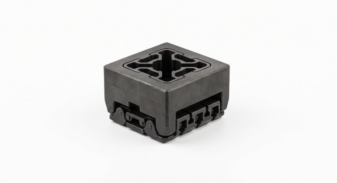 Aluminum extrusion puller caterpillar track gripper pad. High-temperature polyurethane block with custom profile cavity for industrial material handling. Precision molded part isolated on white.