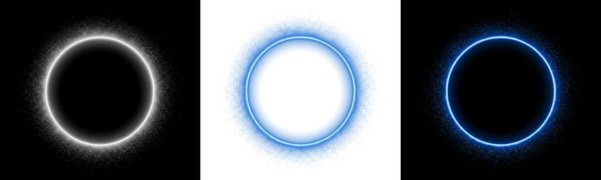 Set of glowing circle frames with sparkles and glitter, light effects on black background isolated on transparent background