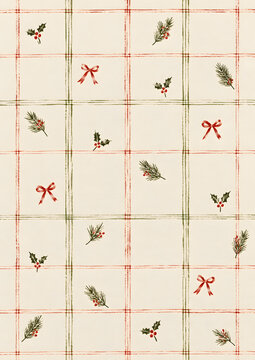 Hand Painted Christmas Plaid Pattern, Watercolor Holiday Seamless Background, Rustic Tartan with Holly Pine Berries Festive Digital Paper