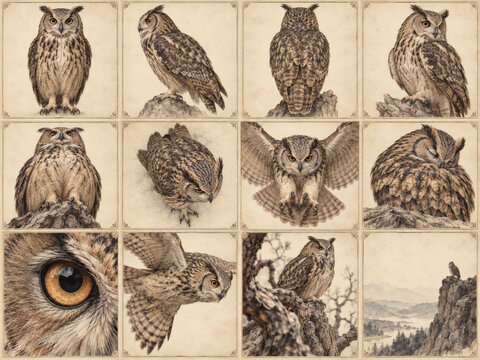 Vintage owl natural history specimen collection, 12 detailed archival engraving plates with diverse views, fine feather anatomy, antique paper texture, museum scientific illustration