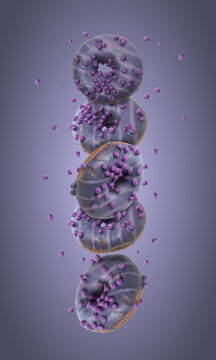 Vertical composition of levitating purple donuts with glaze and flying sprinkles