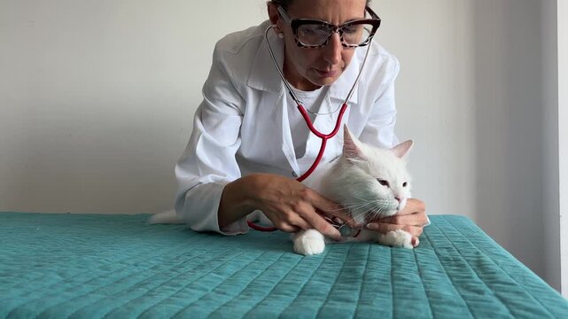 Veterinaria auscultando a un gato blanco tumbado en camilla