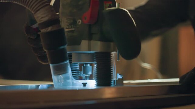 Close up shows gloved hand using electric planer or router for precise wood shaping in workshop lighting woodworking joinery power tool dust collection