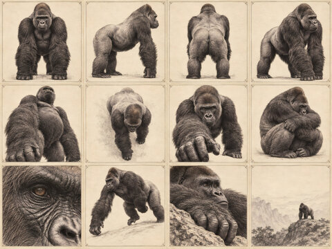 Gorilla natural history engraving collection with twelve rare anatomical views, antique scientific illustration, museum archive plate, fine art zoology study, vintage wildlife artwork