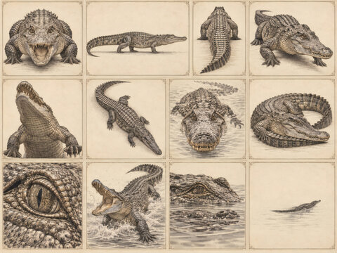 Vintage crocodile specimen collection in 12 archival views, antique natural history engraving with detailed anatomy, reptile study, museum illustration, scientific art and luxury editorial plate
