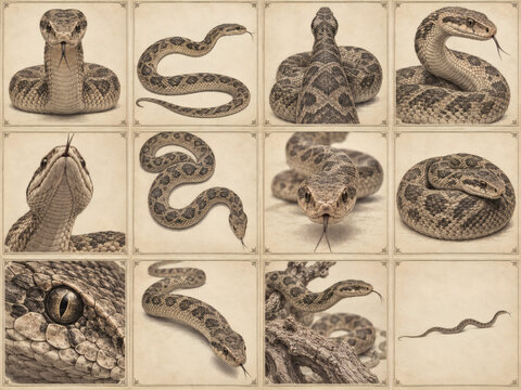 Vintage snake natural history engraving collection with twelve detailed specimen studies, antique scientific illustration, museum archive aesthetic, zoology artwork, luxury editorial plate