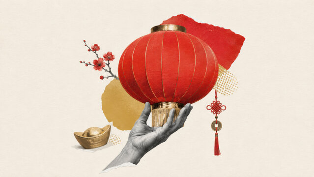 Hand holding a paper lantern with gold tassel, plum blossom, gold ingot and Chinese knot coin charm. Lunar New Year celebration, good luck and prosperity background