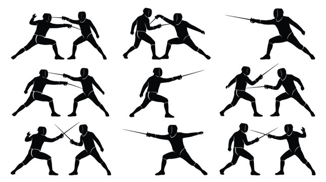 Fencing silhouettes showing athletes in active combat poses with sharp rapiers and protective metal masks