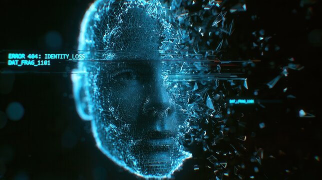 Digital human head dissolving into blue geometric fragments with data error message.