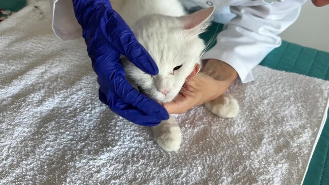 Veterinaria abriendo cuidadosamente la boca de un gato