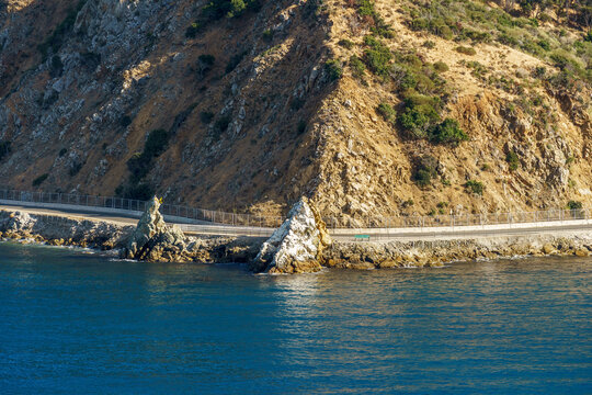 View of the rock formation at Lovers Cove on Pebbly Beach Road on Santa Catalina Island in California.