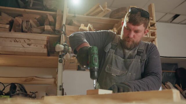 Skilled craftsman operates green cordless drill to make precise holes into wooden planks in his workshop. Man wears gray overalls black gloves and sunglasses on his head while surrounded