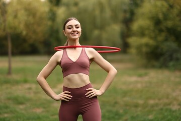 Athletic young woman exercising with hula hoop in park © New Africa