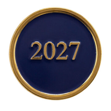 Navy and gold enamel pin badge reading 2027