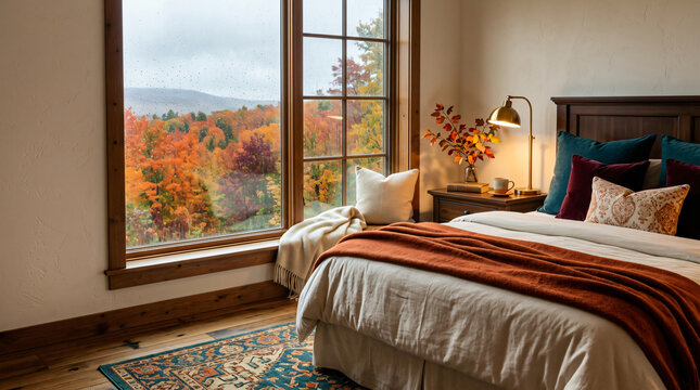 Bedroom interior with a cozy window view of an autumn forest. Perfect for seasonal relaxation.