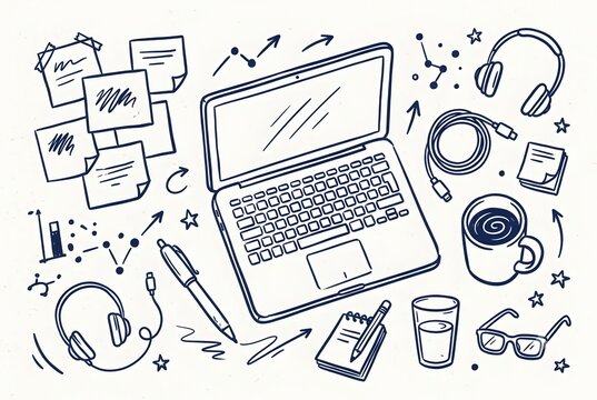 Hand-drawn doodle workspace and technology elements set with laptop, notes, and coffee on white background