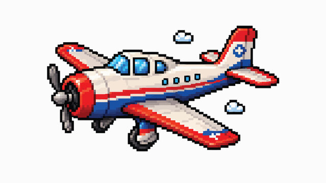 Pixel art red and blue propeller airplane, representing aviation, transportation, travel, adventure, flight, tourism and classic aircraft design