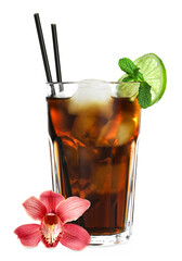 Tasty cocktail in glass and orchid flower isolated on white © New Africa