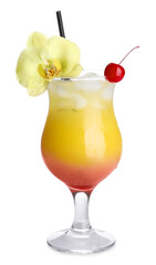 Delicious cocktail in glass and orchid flower isolated on white © New Africa