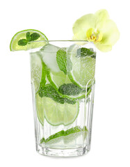 Tasty cocktail in glass and orchid flower isolated on white © New Africa