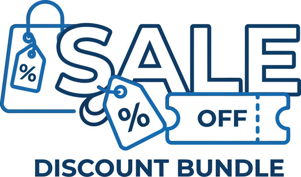 Blue line art illustration featuring sale tags and discount bundle text