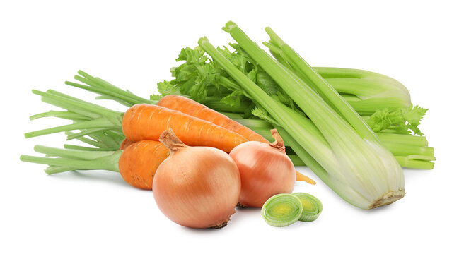 Celery stalks, onions and carrots on white background