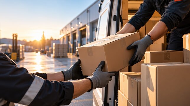 Two Delivery Workers Handing Over Cardboard Box At Warehouse Loading Dock White Van Cargo Sunset Logistics Concept