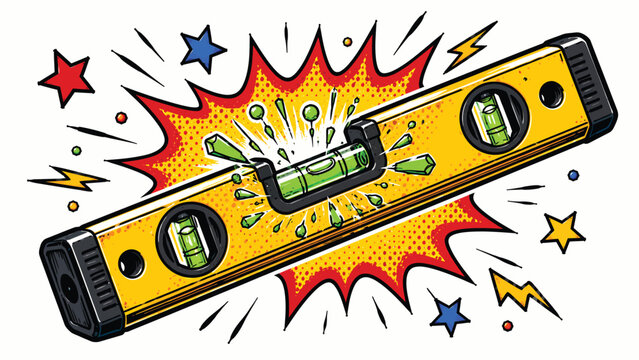 Dynamic spirit level with colorful comic effects, representing construction, measurement, accuracy, carpentry, engineering, renovation, and professional tools