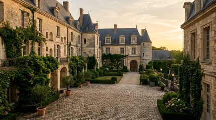 Obraz premium Historic Chateau Courtyard with Lush Green Ivy at Sunset